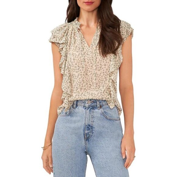 NWT 1.State Womens Printed Chiffon Blouse Tapioca Tan Size L - Picture 1 of 8